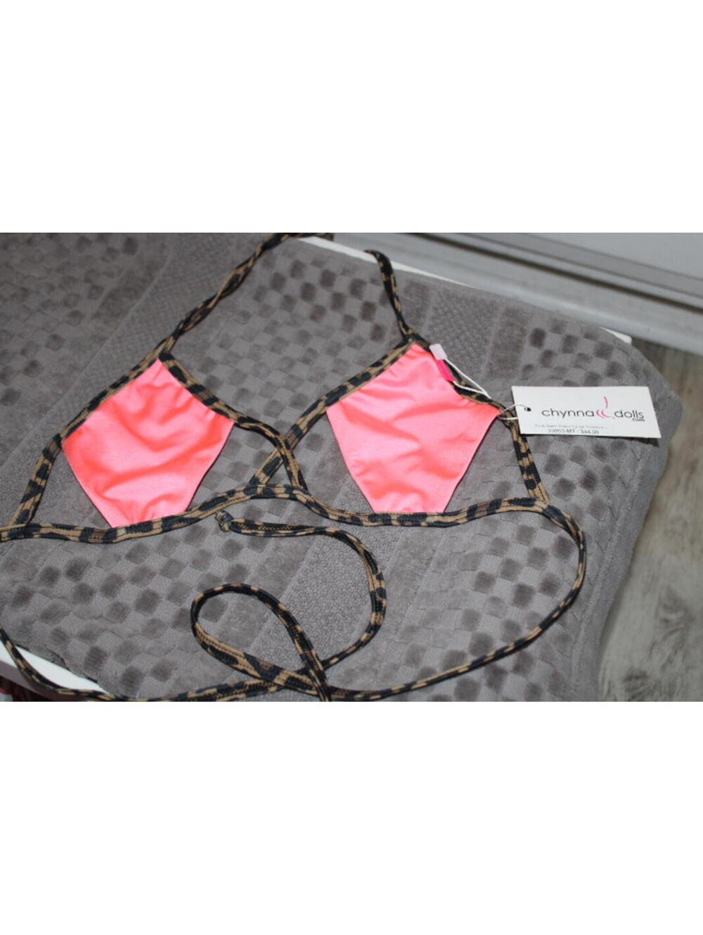 Chynna Dolls Coral With Leopard Print Strings Bathing Suit Top Size S